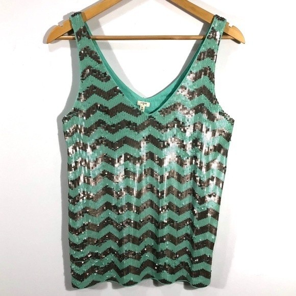 J. Crew Mint & Pewter Silver Chevron Sequin Tank - Picture 1 of 8